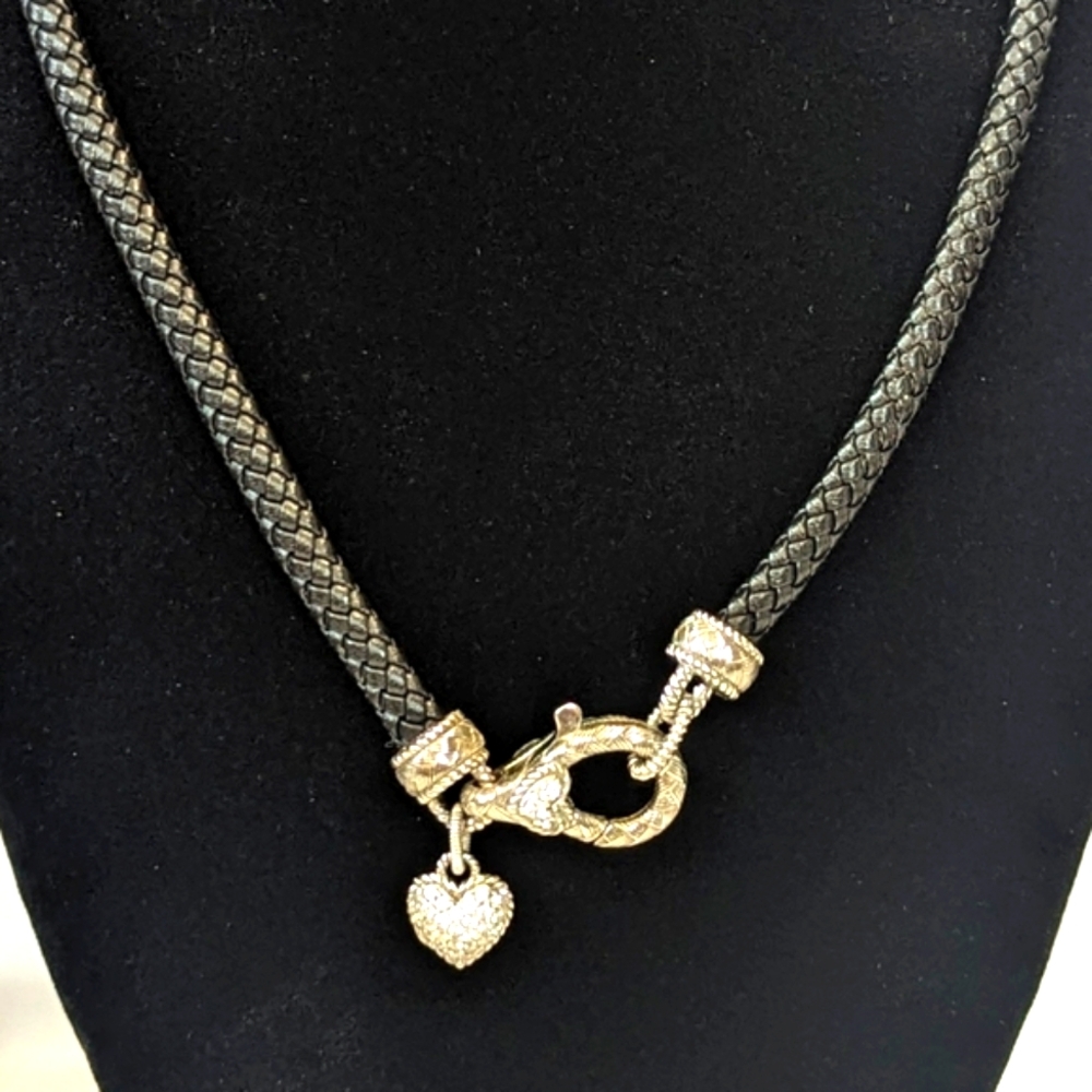 Judith Ripka heart charm 925 CZ black leather braided cord necklace Designer 18"
